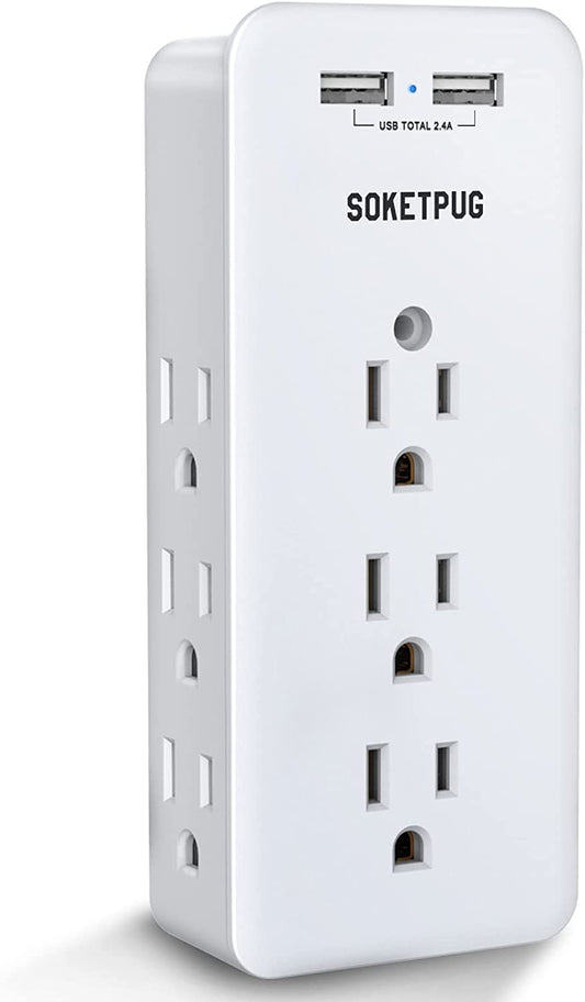 Surge Protector Outlet Extender, USB Wall Charger,  Multi Plug Outlet with 2 USB Charging Ports(Smart 2.4A Total), 9 AC Outlet Splitter Mountable, 3 Sided Plug Extender, Dorm Room Essential