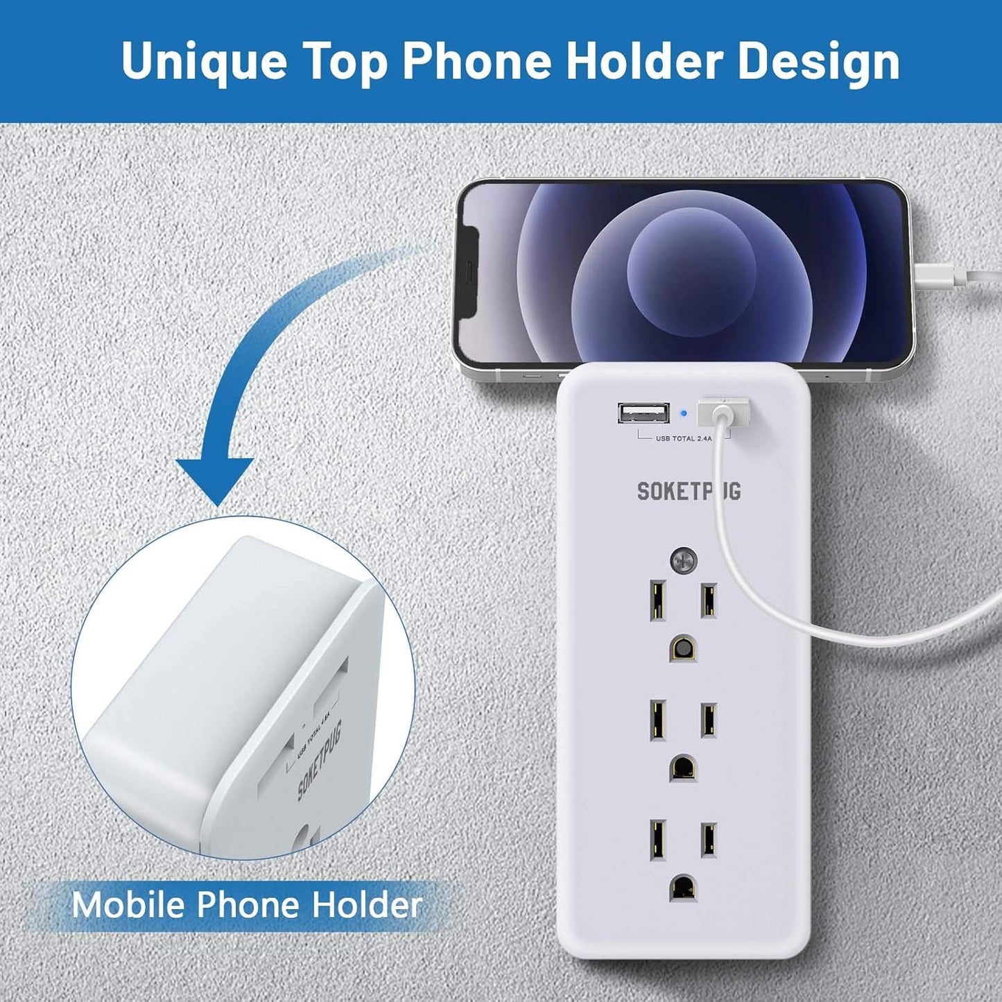 Surge Protector Outlet Extender, USB Wall Charger,  Multi Plug Outlet with 2 USB Charging Ports(Smart 2.4A Total), 9 AC Outlet Splitter Mountable, 3 Sided Plug Extender, Dorm Room Essential
