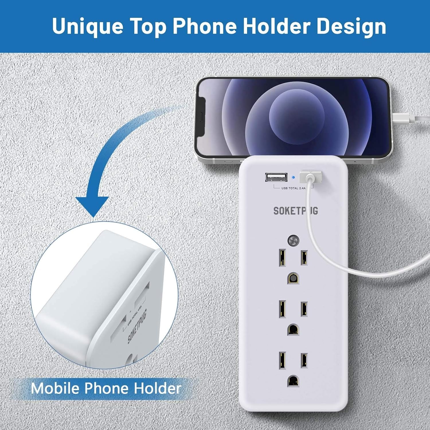 Surge Protector Outlet Extender, USB Wall Charger,  Multi Plug Outlet with 2 USB Charging Ports(Smart 2.4A Total), 9 AC Outlet Splitter Mountable, 3 Sided Plug Extender, Dorm Room Essential