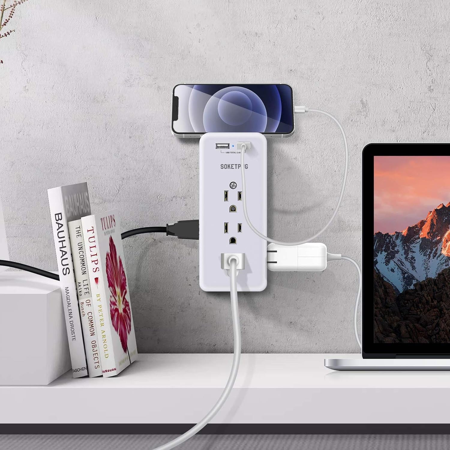 Surge Protector Outlet Extender, USB Wall Charger,  Multi Plug Outlet with 2 USB Charging Ports(Smart 2.4A Total), 9 AC Outlet Splitter Mountable, 3 Sided Plug Extender, Dorm Room Essential
