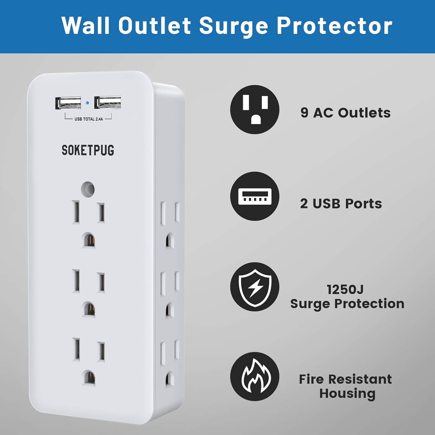 Surge Protector Outlet Extender, USB Wall Charger,  Multi Plug Outlet with 2 USB Charging Ports(Smart 2.4A Total), 9 AC Outlet Splitter Mountable, 3 Sided Plug Extender, Dorm Room Essential
